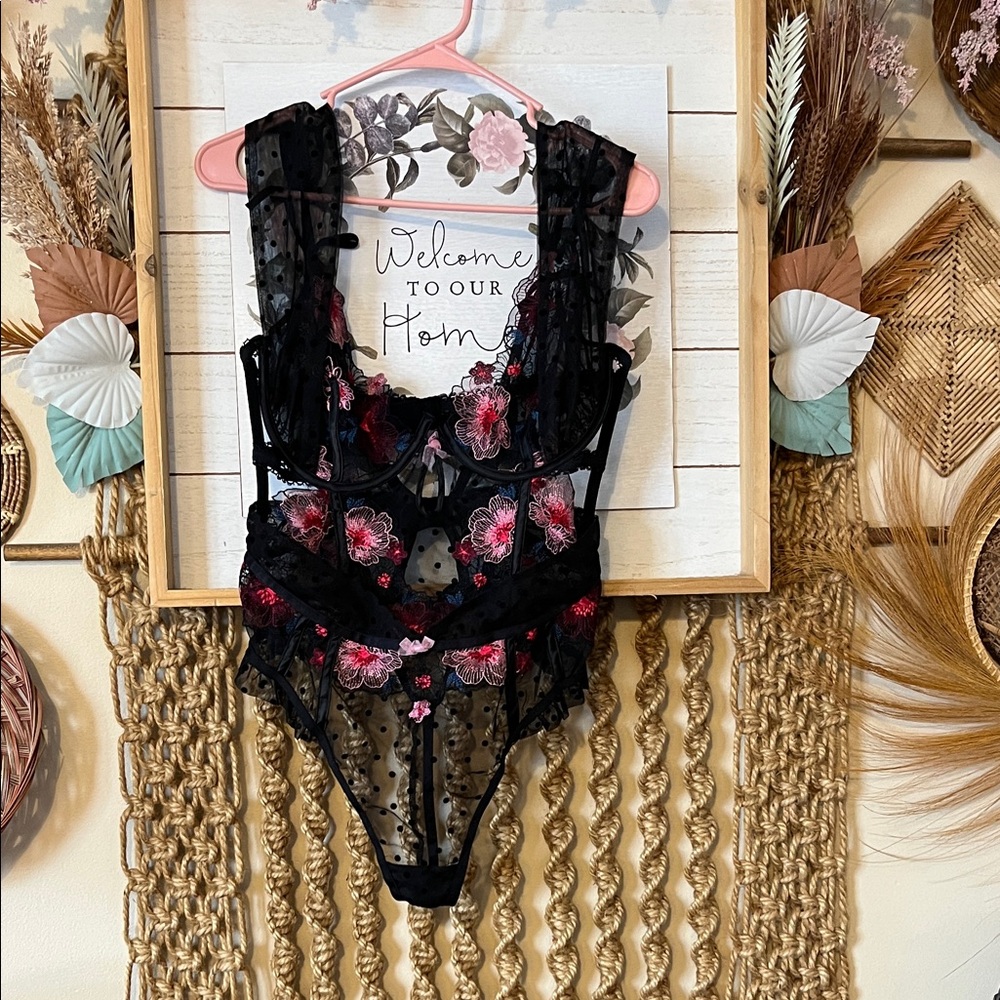 For Love And Lemons Black and Pink Floral Lace Bodysuit